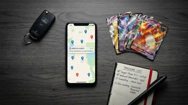 Flat lay view of a Pokémon card hunting setup with rare cards, a store tracker phone map, and a notebook checklist to find pokemon cards near me.