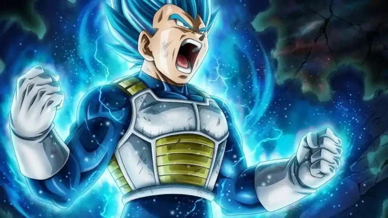 Super Saiyan Blue Vegeta powering up with intense cyan aura energy