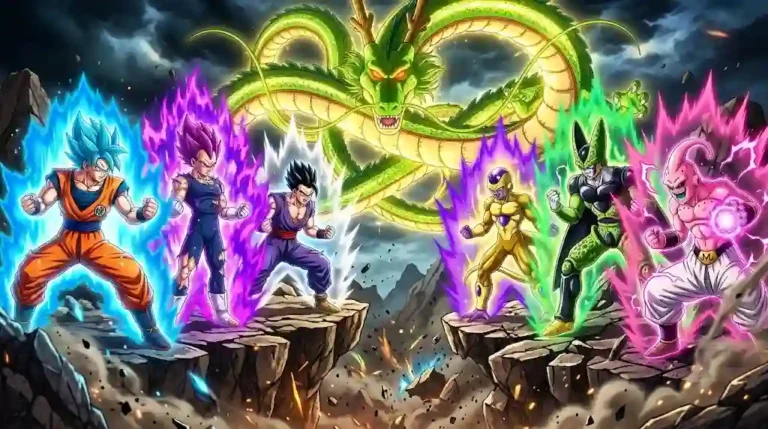 Dragon Ball Z characters including Goku Super Saiyan Blue, Ultra Ego Vegeta, and Golden Frieza standing on a battlefield with Shenron.