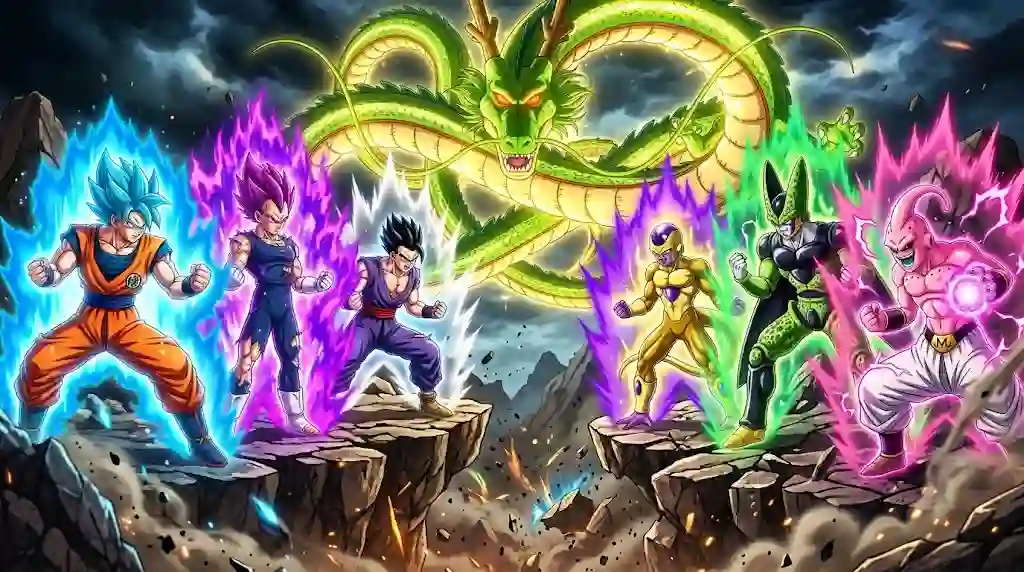Dragon Ball Z characters including Goku Super Saiyan Blue, Ultra Ego Vegeta, and Golden Frieza standing on a battlefield with Shenron.