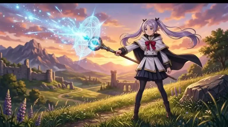 Fern Frieren casting a powerful Zoltraak magic spell with her staff during sunset.