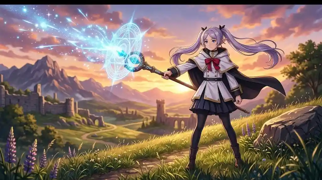 Fern Frieren casting a powerful Zoltraak magic spell with her staff during sunset.