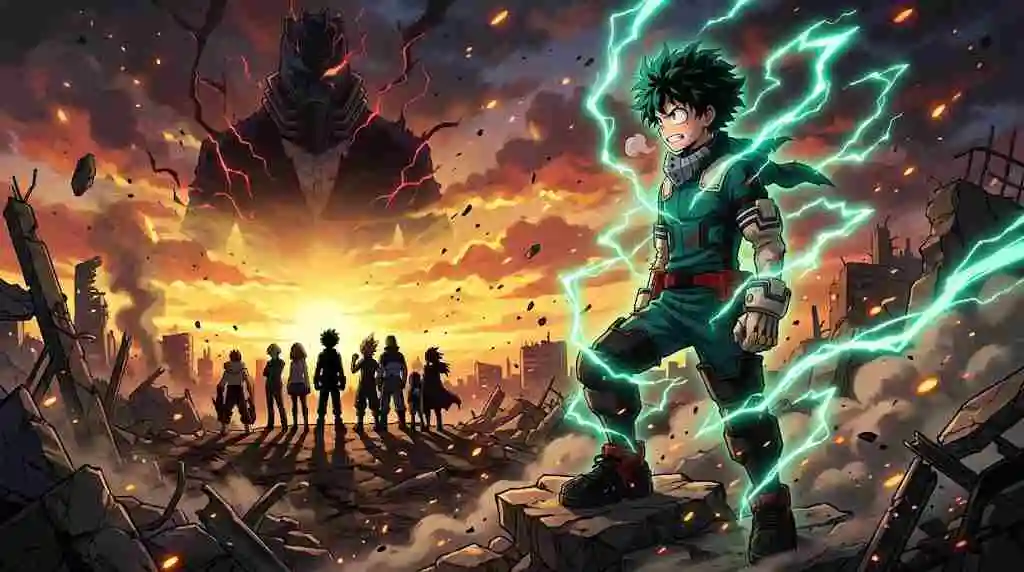 Izuku Midoriya with glowing green lightning preparing for the final battle, highlighting the my hero academia season 8 release date.