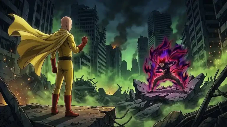 Saitama facing Garou in a destroyed city from One Punch Man