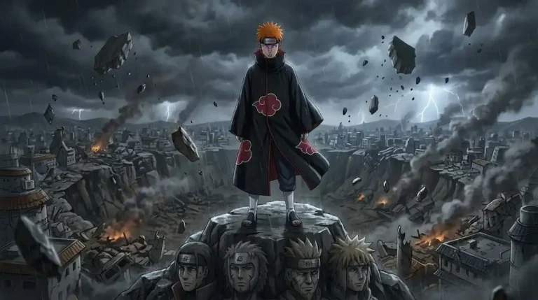 Pain Naruto Deva Path standing on Hokage Rock overlooking destroyed Leaf Village in 16x9 cinematic anime artwork