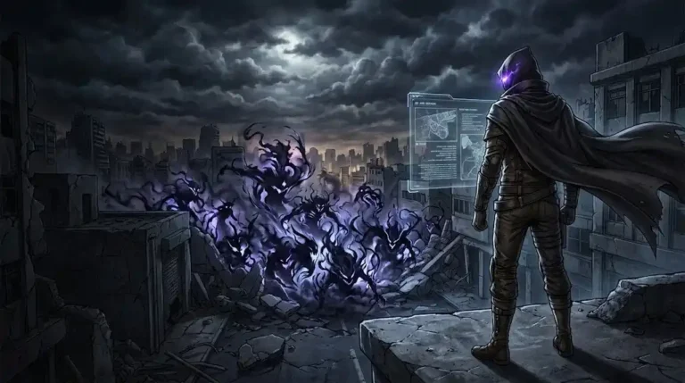 Solo Leveling Season 3 key visual featuring Sung Jinwoo with shadow army on ruined city rooftop