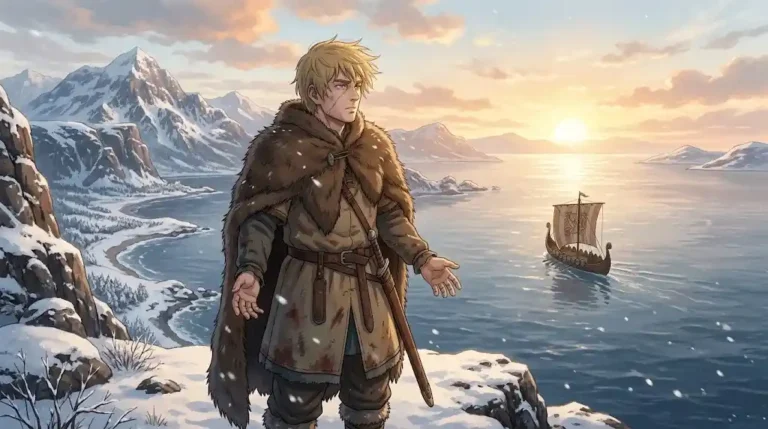 Young blond Viking warrior standing on a snowy cliff at sunrise watching a longship sail away, Vinland Saga inspired anime visual