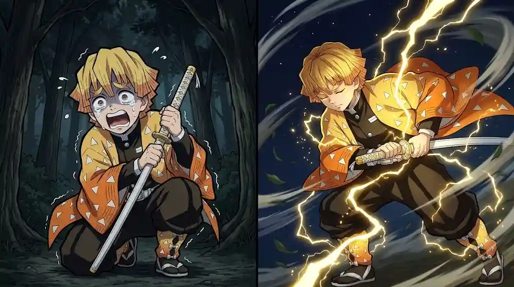 Split-screen illustration of Zenitsu Agatsuma from Demon Slayer panicking on the left and unleashing Thunder Breathing on the right.