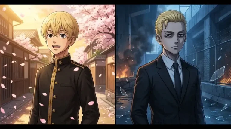mikey tokyo revengers split artwork showing young smiling mikey and older dark mikey in suit
