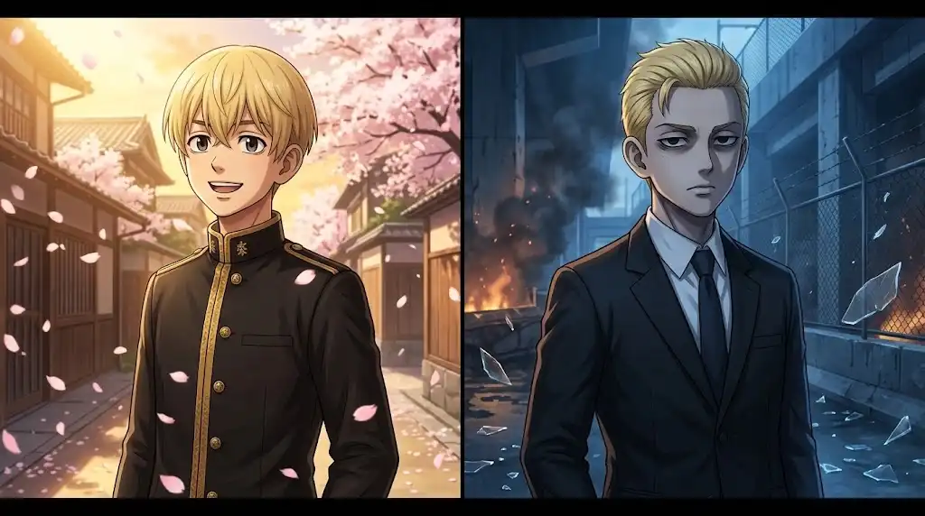mikey tokyo revengers split artwork showing young smiling mikey and older dark mikey in suit